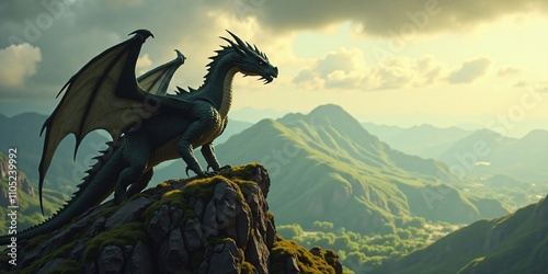 Ancient Dragon Perches on a Mountain Top: A Vast, Sprawling Fantasy World Visible in the Background, Emphasizing the Creature’s Majestic Power photo