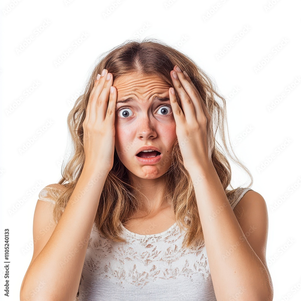 Naklejka premium Young woman looking stressed holding her head with wide eyes isolated on white background