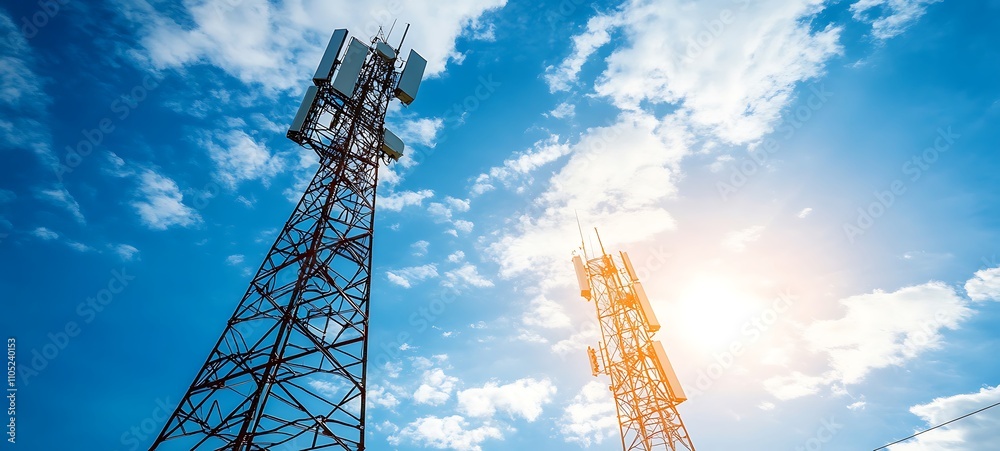 Telecommunication towers with wireless antennas on blue sky suny day Telecommunication towers with wireless antennas on blue sky suny day