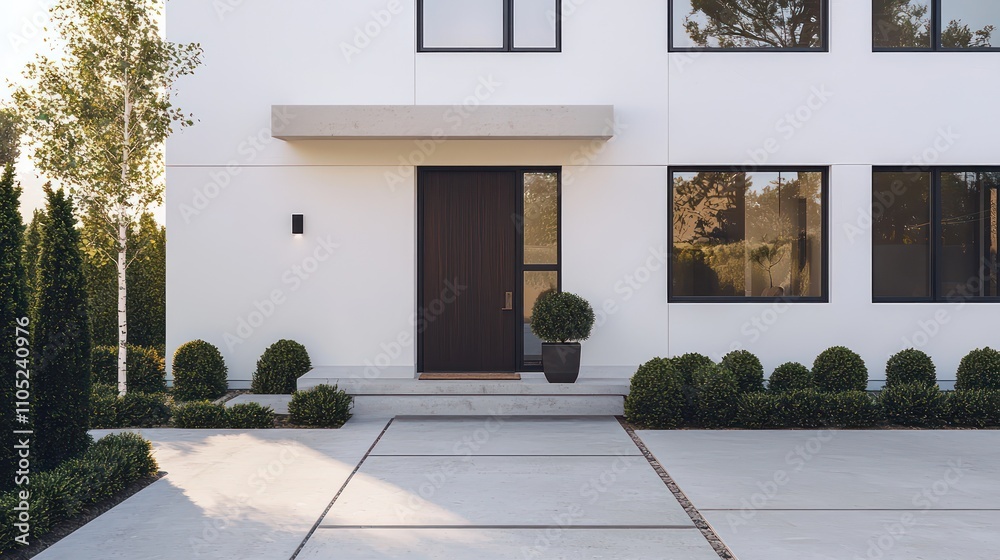 Sleek house with white stucco, contrasting dark windows, and mahogany wood door.