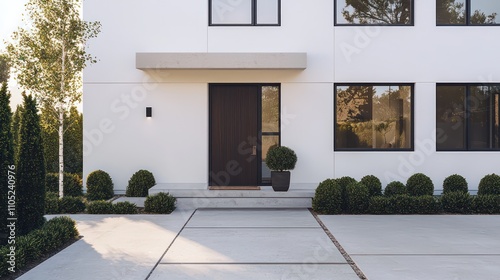 Obraz na płótnie Sleek house with white stucco, contrasting dark windows, and mahogany wood door. w salonie