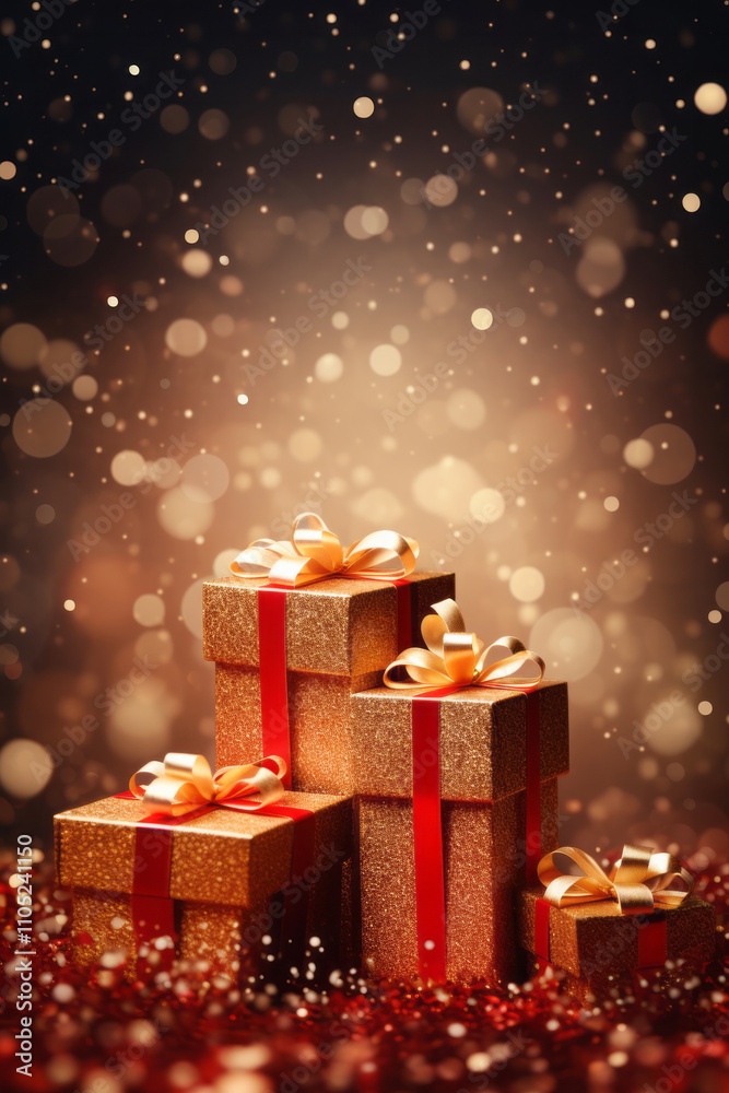 Close up red and Golden gift box for Christmas Eve or New Year over light blurred background Close up red and Golden gift box for Christmas Eve or New Year over light blurred background