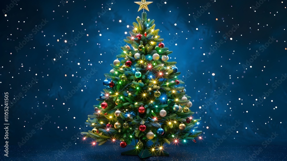 Decorated Christmas tree with lights and ornaments against a dark blue snowy background.
