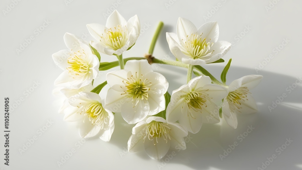 White jasmine flowers on a white background with shadows and sunlight
