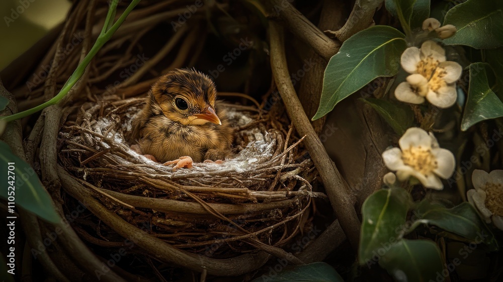 Young Bird Nestled Safely In Its Nest Among Vines Young Bird Nestled Safely In Its Nest Among Vines