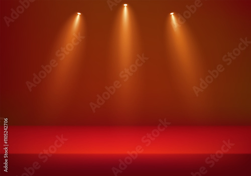Empty Red studio background. wall room with lights. Space for selling products on the website. Background vector 3d. Vector illustration.