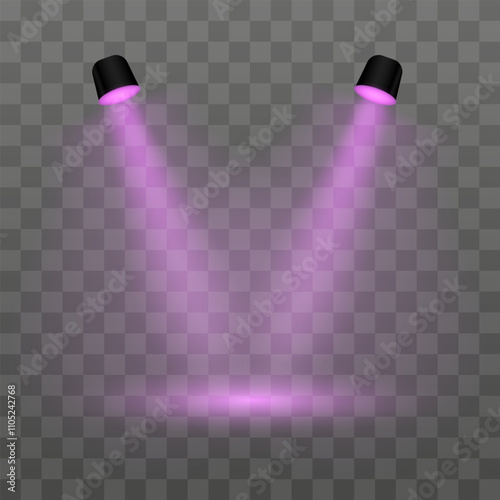 Purple projector. Realistic dual spotlights on a transparent background. Perfect for stage lighting, product display, or spotlight effects, exhibitions, modern interior
