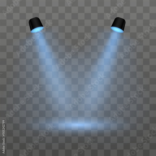 White projector. Realistic dual spotlights on a transparent background. Perfect for stage lighting, product display, or spotlight effects, exhibitions, modern interior