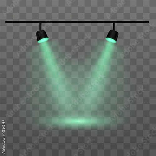 Dual green spotlights on a transparent background. Spotlights, beams, ceiling fixture, illumination, stage lights, indoor lighting, focused beam, brightness, equipment, shadow, electricity