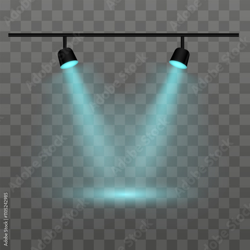 Dual blue spotlights on a transparent background. Spotlights, beams, ceiling fixture, illumination, stage lights, indoor lighting, focused beam, brightness, equipment, shadow, electricity