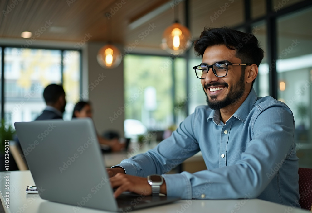 A smiling man works on his laptop in a modern office setting showing productivity and success. A smiling man works on his laptop in a modern office setting showing productivity and success.