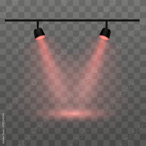 Dual red spotlights on a transparent background. Spotlights, beams, ceiling fixture, illumination, stage lights, indoor lighting, focused beam, brightness, equipment, shadow, electricity