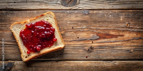 A single slice of toast topped with a generous helping of fruit preserve sits on a rustic wooden surface