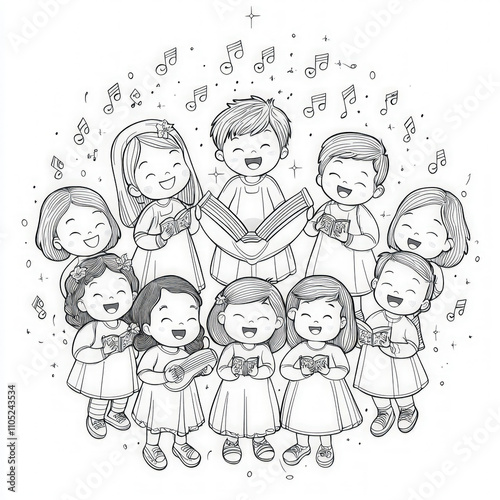 A cheerful group of children singing together, coloring page for kids, simple outline illustration. Coloring book, simple lines.