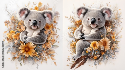 Adorable Koala Bear in Australian Wildflower Digital Painting AI Generated photo