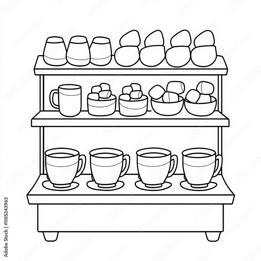 Obraz premium A warm cocoa stand with mugs and marshmallows, coloring page for kids, simple outline illustration. Coloring book, simple lines.