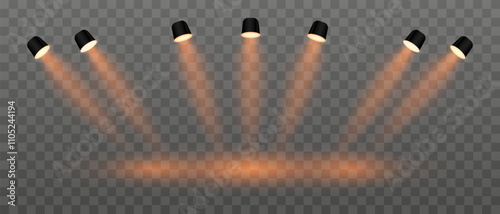Orange lighting set projector. Multiple angled spotlights, vivid beams, ceiling-mounted fixtures, stage lighting, event decor, bright illumination, modern interior design, electric equipment