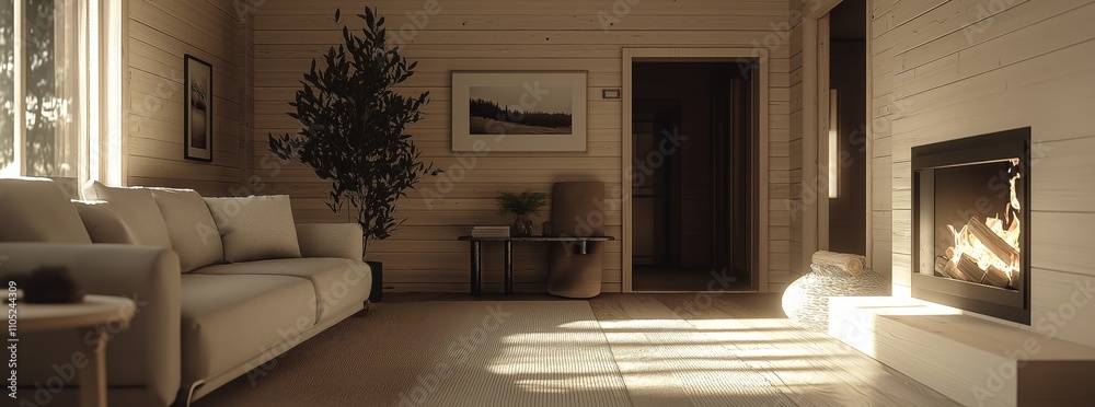 Obraz premium Cozy Living Room with Wooden Interior and Fireplace
