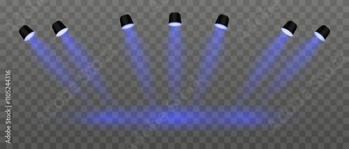 Blue lighting set projector. Multiple angled spotlights, vivid beams, ceiling-mounted fixtures, stage lighting, event decor, bright illumination, modern interior design, electric equipment