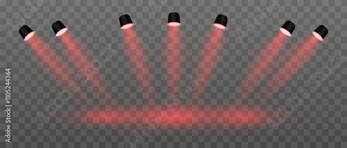 Red lighting set projector. Multiple angled spotlights, vivid beams, ceiling-mounted fixtures, stage lighting, event decor, bright illumination, modern interior design, electric equipment