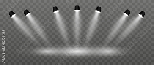 White lighting set projector. Multiple angled spotlights, vivid beams, ceiling-mounted fixtures, stage lighting, event decor, bright illumination, modern interior design, electric equipment