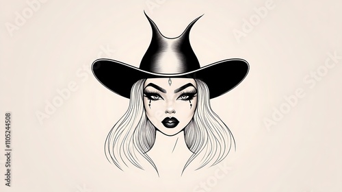 Elegant Witch Illustration: Black and White Ink Drawing for Halloween AI Generated