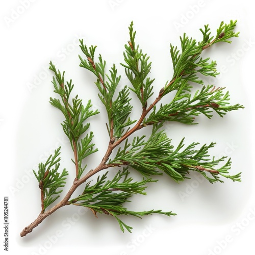 A sprig of vibrant green arborvitae, showcasing its delicate, scalelike leaves against a stark white backdrop. photo