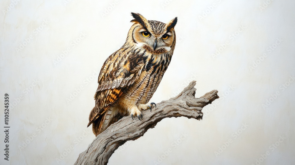 Obraz premium Majestic Owl Perched on a Weathered Branch Against a Light Background