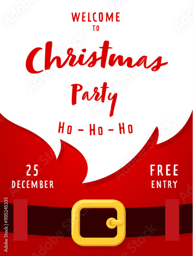 Christmas flyer with Santa beard for holiday party invitation poster, vector template. Christmas party invitation or welcome card with Santa beard and Ho Ho Ho for festival or holiday music concert