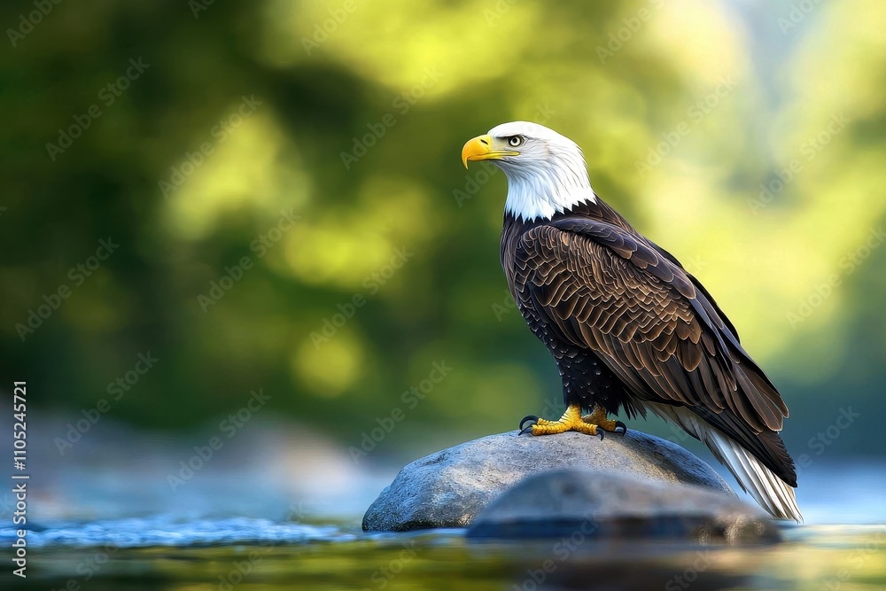 Fototapeta premium Bald Eagle Soars Above Restored Habitats, Symbolizing Successful Environmental Conservation Efforts