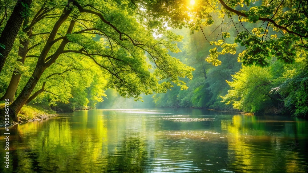Serene River Scene Sunlit Canopy Over Calm Water in Lush Green Forest Serene River Scene Sunlit Canopy Over Calm Water in Lush Green Forest