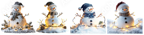 snowman, twinkling Christmas lights, isolated on a white background.