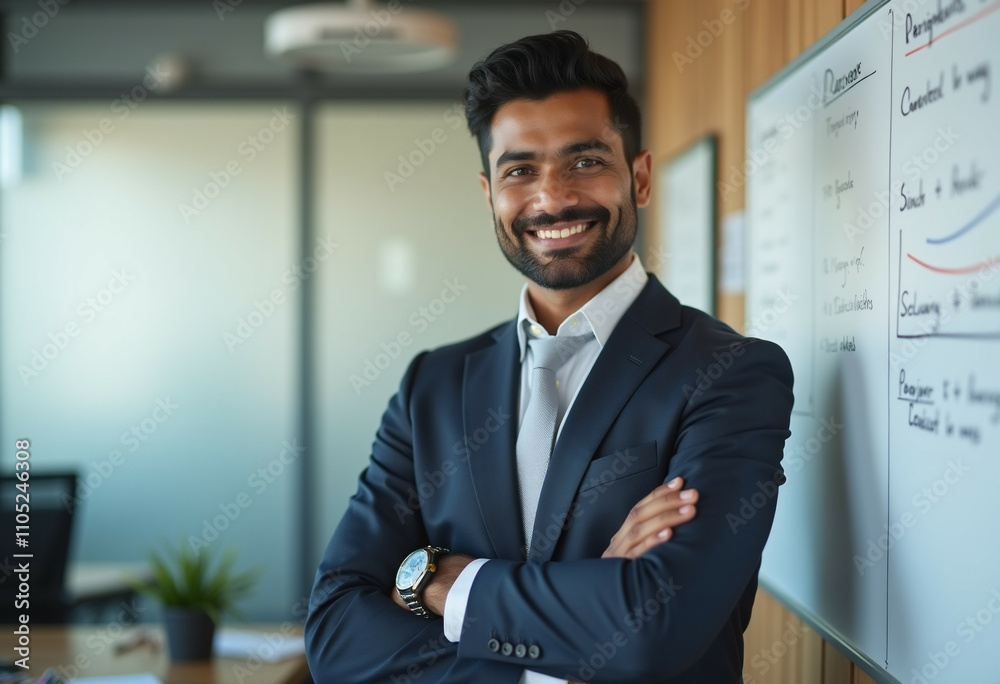 Fototapeta premium Confident businessman smiling arms crossed standing near whiteboard in modern office.
