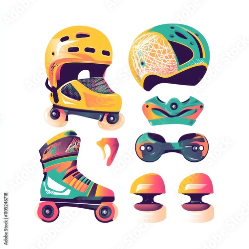 Vibrant Roller Skating Gear Illustration: Helmets, Skates, and Protective Pads photo