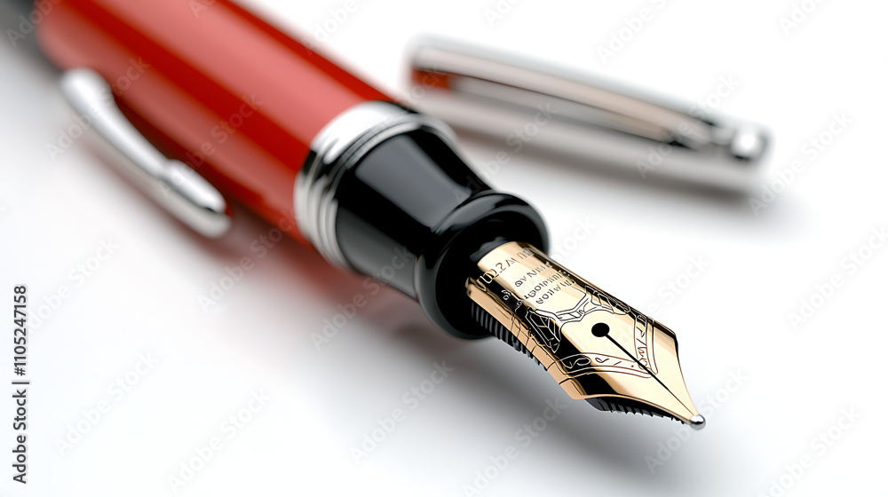 A red pen with a gold nib sits on a white background A red pen with a gold nib sits on a white background