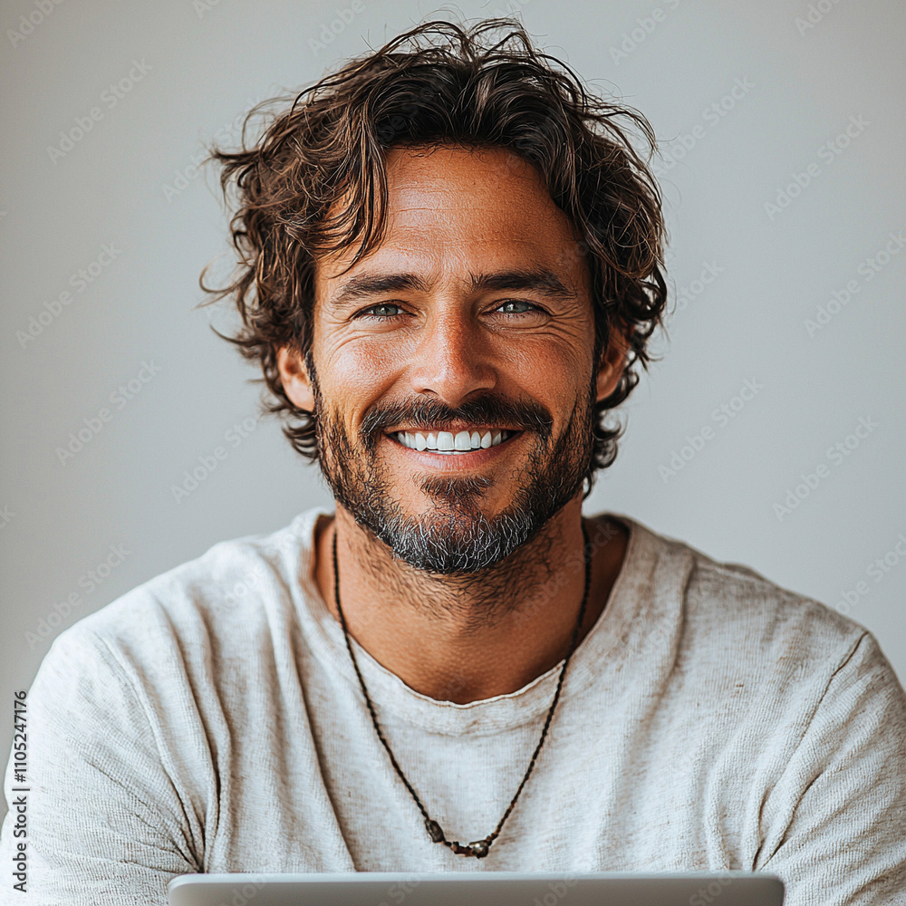 Fototapeta premium Smiling man working on laptop modern workspace portrait indoor close-up ai generate technology for lifestyle enhancement