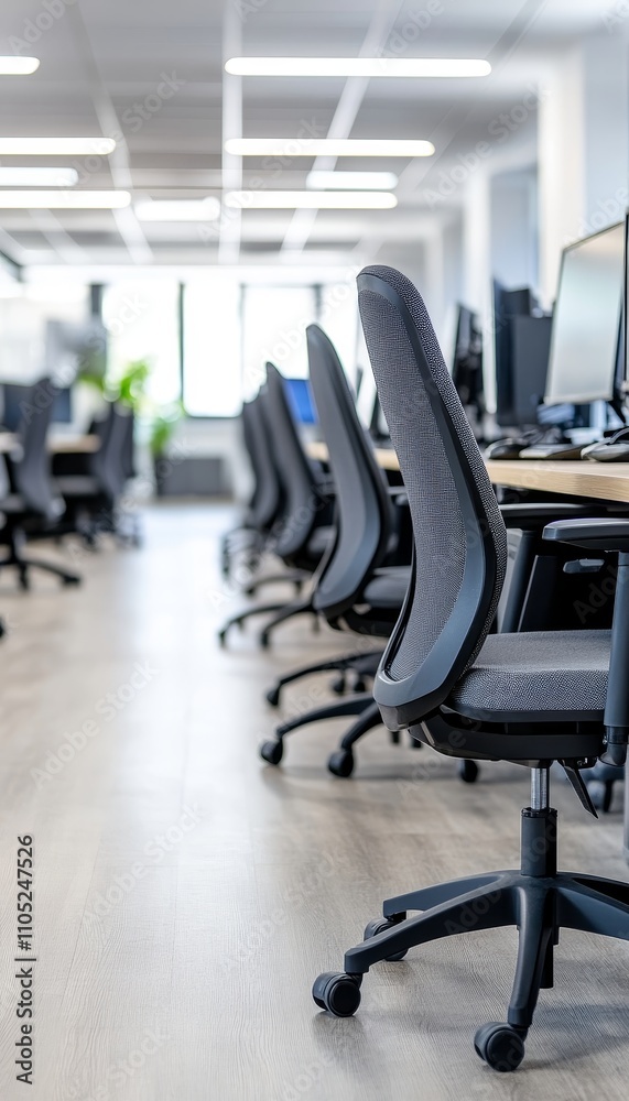Empty Modern Office Interior With Rows Of Desks, Ergonomic Chairs, Computers, Minimalist Design Empty Modern Office Interior With Rows Of Desks, Ergonomic Chairs, Computers, Minimalist Design