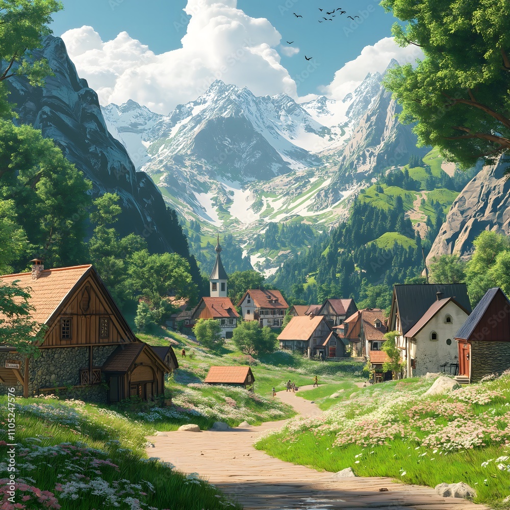 Fototapeta premium Picturesque mountain village nestled in a valley with snow-capped peaks.
