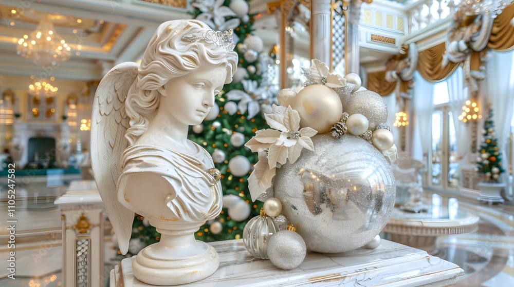 Fototapeta premium Elegant Christmas decor with cherub statue in a grand hall.