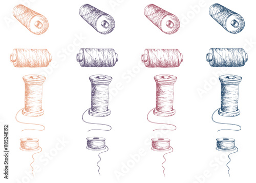 Thread bobbins skeins spools yarn, sewing craft embroidery stitching supplies. Hand drawn ink vector illustration. Set of objects isolated on white background. Design atelier, tailor, hobby shop
