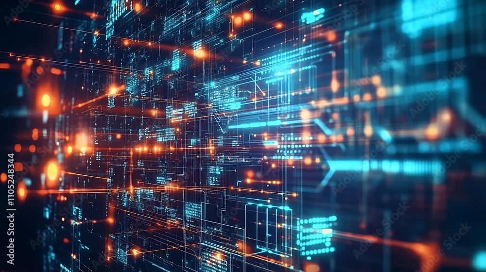 Fototapeta premium Abstract digital circuitry with glowing lines and nodes, representing technology and data flow.