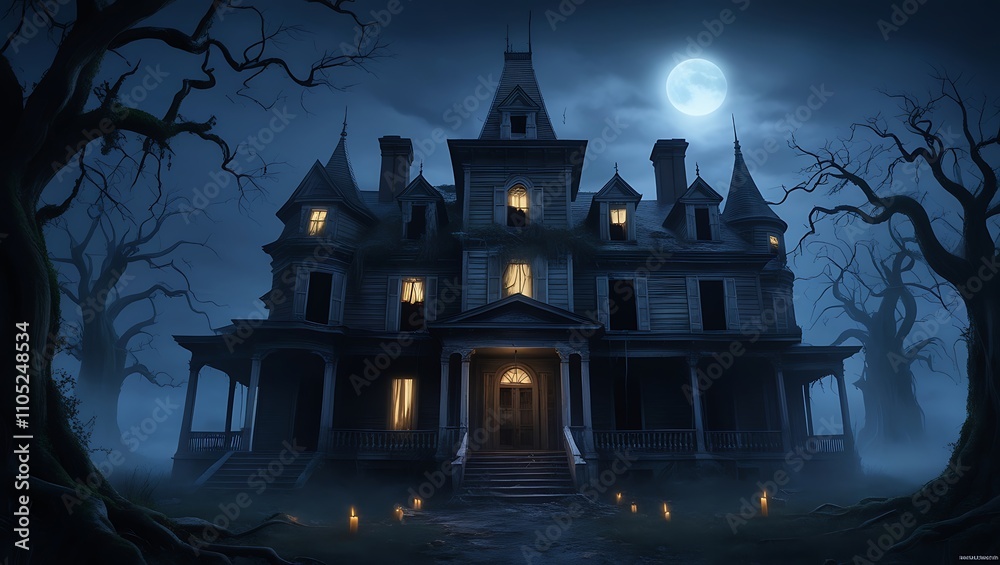 Halloween background with haunted house and full moon Halloween background with haunted house and full moon