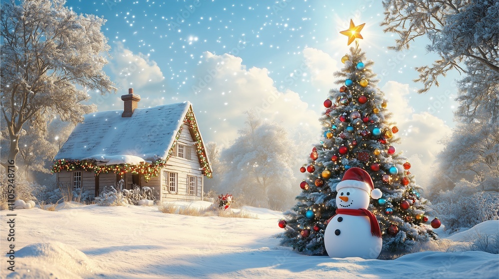 Christmas tree in the snow with a cozy house in a winter village landscape Christmas tree in the snow with a cozy house in a winter village landscape