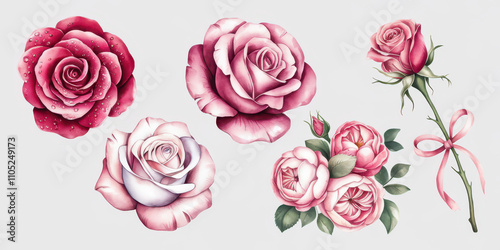 Watercolor Roses Collection: Elegant pink and red roses in various stages of bloom, perfect for wedding invitations, romantic designs, and floral arrangements. 