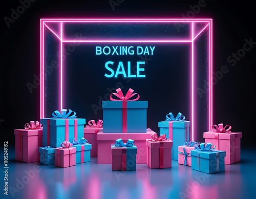 Exciting Boxing Day sale with colorful gift boxes in a neon display highlighting amazing discounts. Generative AI photo