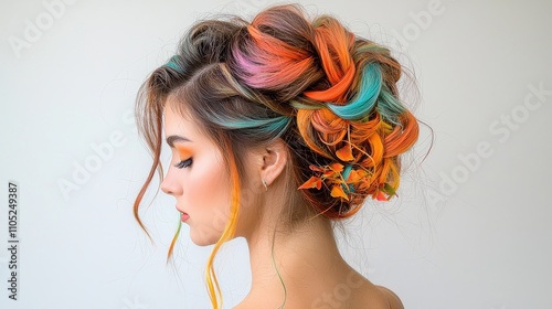 Creative tiedye hair effect with bold streaks of primary colors for a vibrant look in a bright studio setting photo