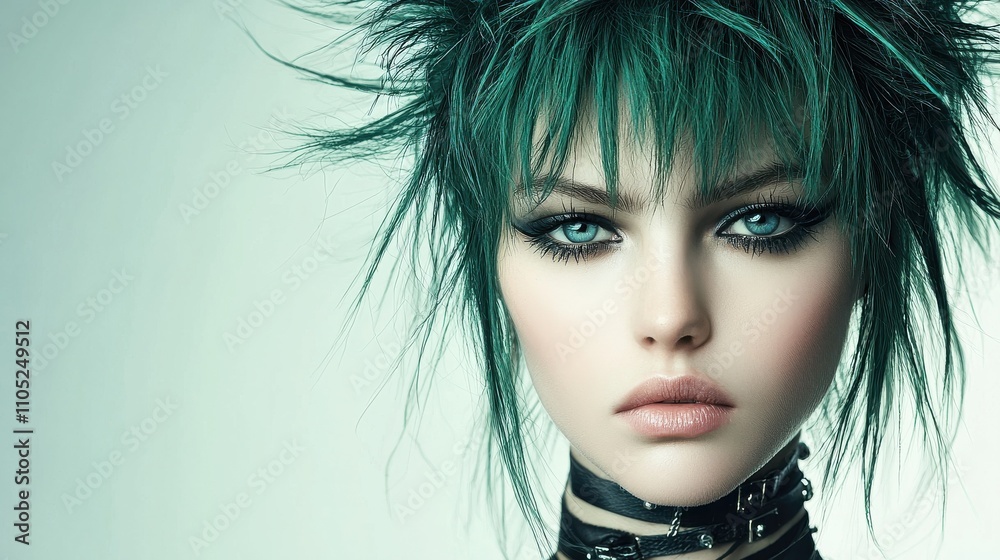 Edgy spiky layered hairstyle with deep emerald green color urban studio fashion photography bright lighting close-up view modern hair trends for seo impact Edgy spiky layered hairstyle with deep emerald green color urban studio fashion photography bright lighting close-up view modern hair trends for seo impact