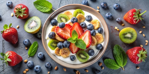 Yogurt Parfait with Sliced Strawberries, Kiwis, and Blueberries, Garnished with Fresh Mint Leaves