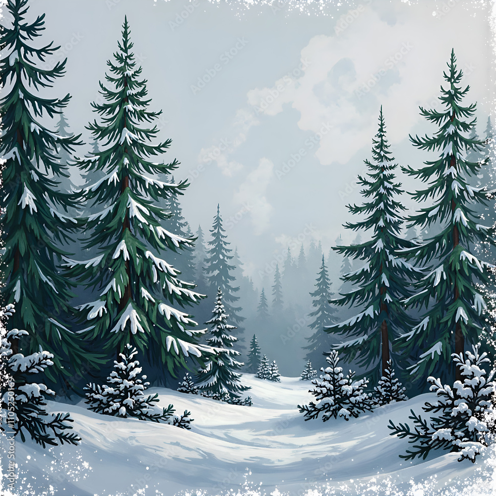 Obraz premium A tranquil winter scene featuring snow covered evergreens in a misty landscape, digital art of nature landscape concept.