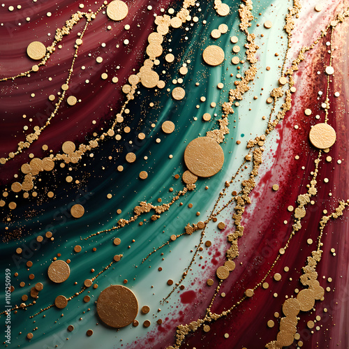 Abstract cosmic swirls with gold accents and rich color contrasts, digital art of abstract concept. photo